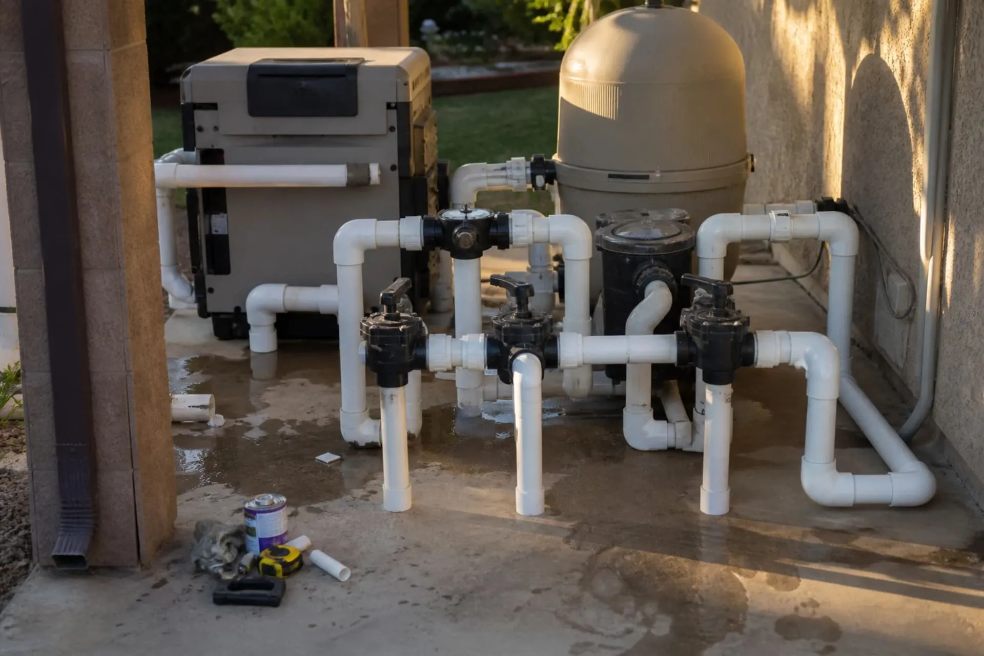 A tidy pool equipment pad with pump and filter