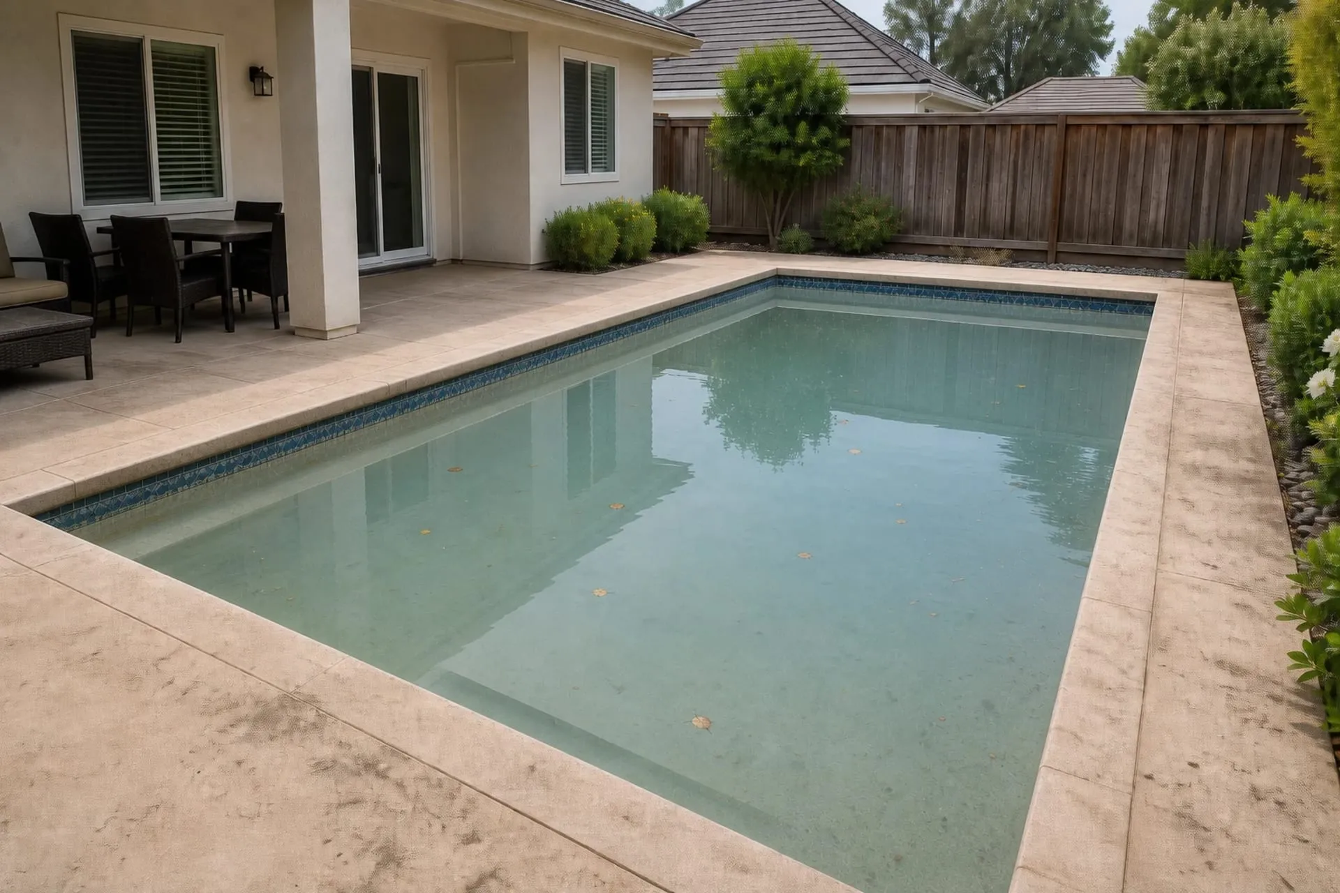 A neglected pool with cloudy green water before service